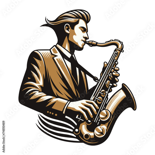 Musician playing saxophone, music player performing solo, holding sax instrument in hands, man saxophonist, jazz and blues performance. Flat vector illustration isolated on white background