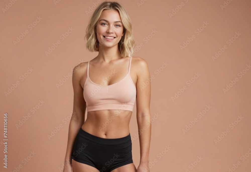 A fit woman in sports attire ready for a workout. She stands against a peach backdrop, looking energized and healthy. A fit woman in sports attire ready for a workout. She stands against a peach backdrop, looking energized and healthy.