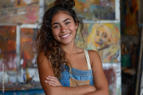 A confident, smiling, Hispanic female artist sitting with arms crossed in her art studio. © ckybe