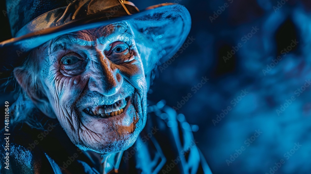 Elderly gentleman smiling in a zombie costume as he organizes a frightful haunted house tour for Halloween with a chilling blue background  - obrazy, fototapety, plakaty 
