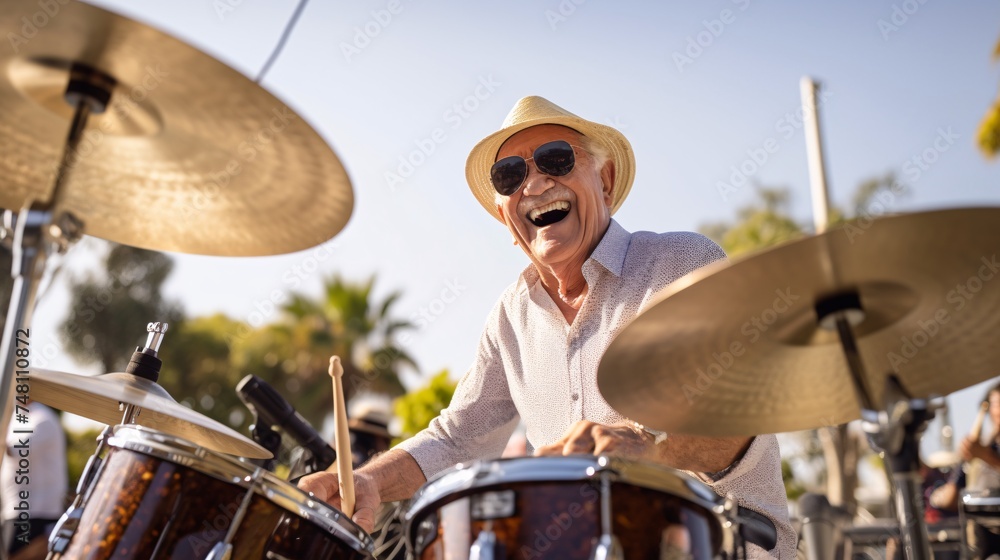 Fototapeta premium Elderly man playing the drums and grooving to the beat with a big smile on his face during an outdoor concert jam session
