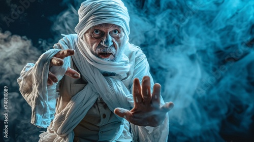 An elderly gentleman in a mummy costume playing Halloween pranks photo