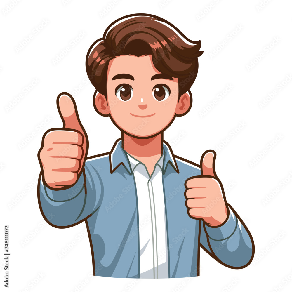 Man giving thumbs up vector illustration, happy guy showing OK gesture, approval sign, positive emotion, work done sign design template isolated on white background Man giving thumbs up vector illustration, happy guy showing OK gesture, approval sign, positive emotion, work done sign design template isolated on white background