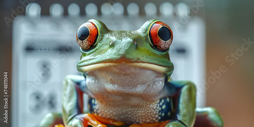 Frog Day Celebration with adorable amphibian green frog with red eyes on a  Calendar in the Background 