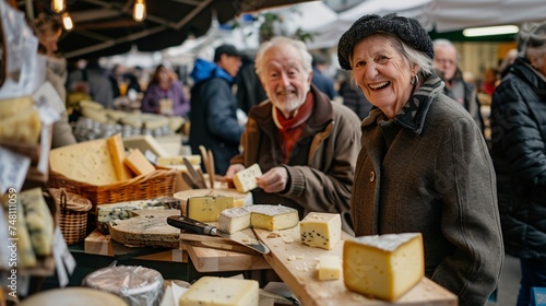 An elderly couple sampling gourmet cheeses with smiles at a bustling market
