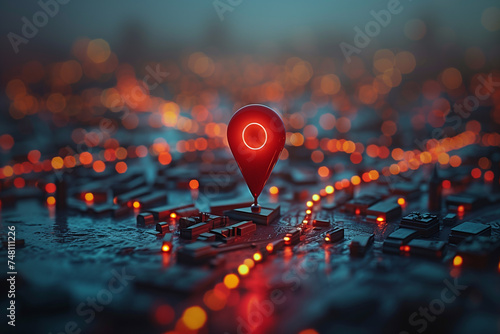 Red map pin in cityscape and network connection, indicating the city destination on the map and connection concept  photo