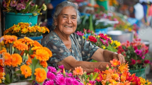 A senior woman selecting vibrant flowers at a flower market © Maelgoa