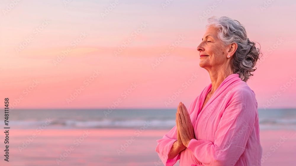 Fototapeta premium A serene elderly woman smiles peacefully as she practices yoga on a beach at sunset