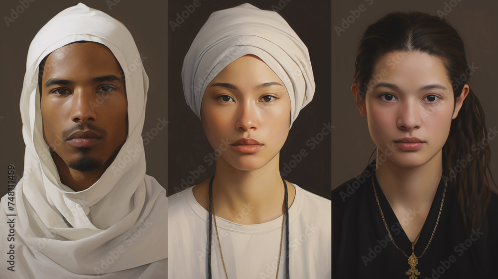 Portraits of white people, black people, Asian people, religions: Buddhism, Christianity, Islam. diverse attractive man and woman business team Portraits of white people, black people, Asian people, religions: Buddhism, Christianity, Islam. diverse attractive man and woman business team