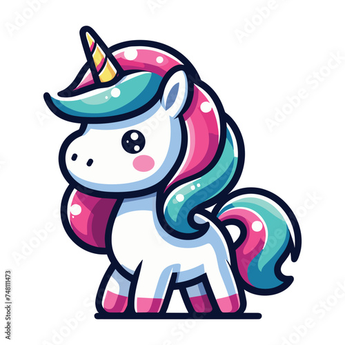 Cute unicorn cartoon character vector illustration, happy adorable magic unicorn with rainbow mane and tail design template isolated on white background