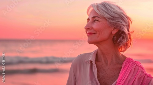 Serene elderly woman smiles peacefully as she practices yoga on a beach at sunset