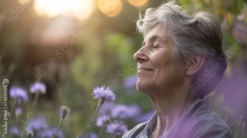 Fototapeta Naklejka Na Ścianę i Meble -  A serene senior woman enjoying a peaceful moment of flower park