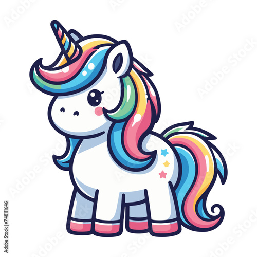 Cute unicorn cartoon character vector illustration, happy adorable magic unicorn with rainbow mane and tail design template isolated on white background