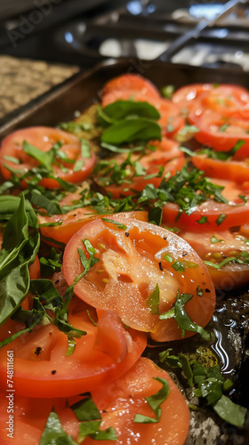 Sliced Tomatoes and Basil on Baking Tray