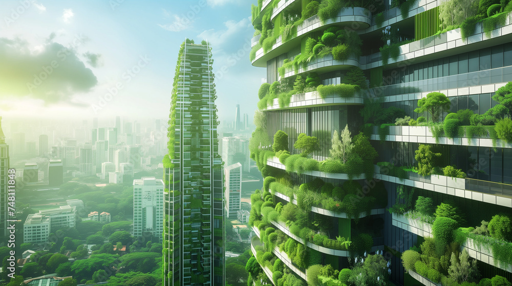Futuristic green skyscrapers with abundant vertical gardens in an urban skyline, embodying sustainable architecture.
