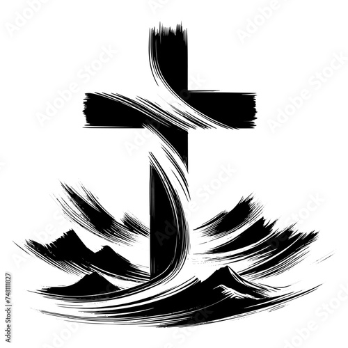 Christian cross and mountains Brush stroke grunge style. vector illustration