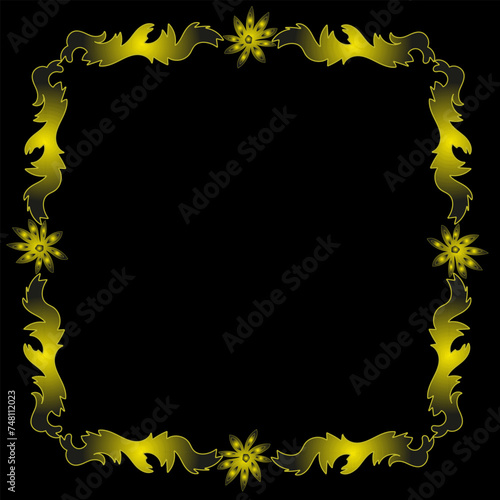 Beautiful and stylish golden frame in the form of flowers and leaves on a black background