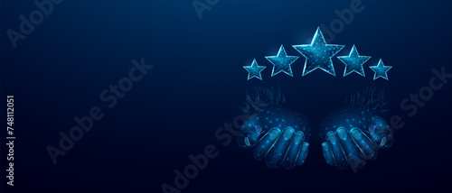 Two human hands hold a five star. Wireframe glowing low poly design on a blue background. Abstract futuristic vector illustration