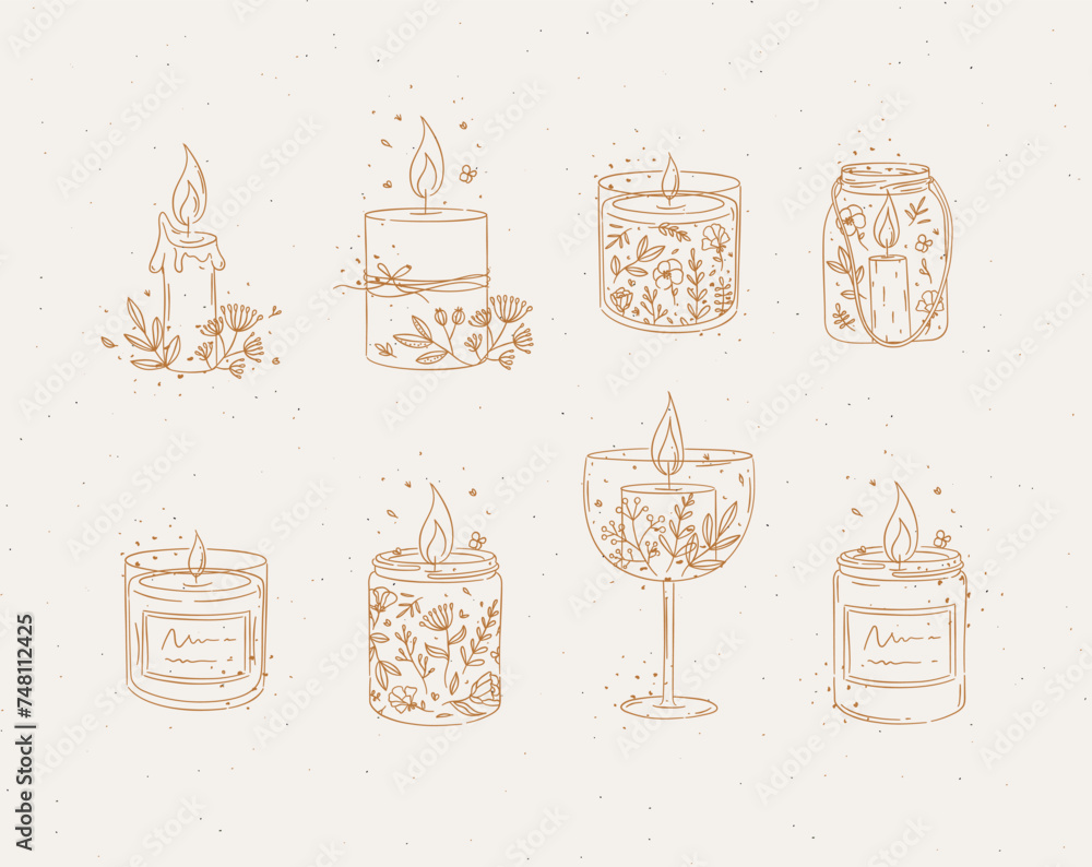 Candles with branches and leaves collection drawing on grey background