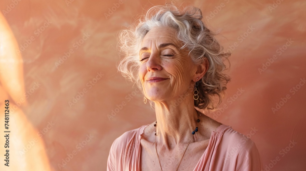 A senior woman smiling with her eyes closed in meditation as she enjoys a moment of inner peace