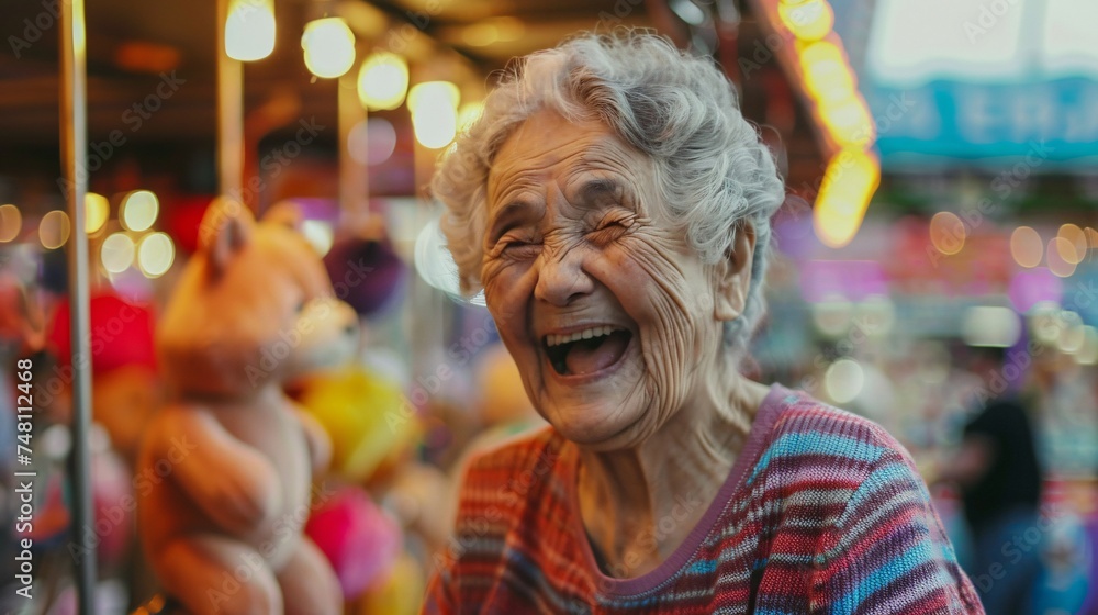 Senior woman smiling with delight as she wins a stuffed animal at a carnival game