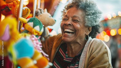A senior black woman smiling with delight as she wins a stuffed animal at a carnival game