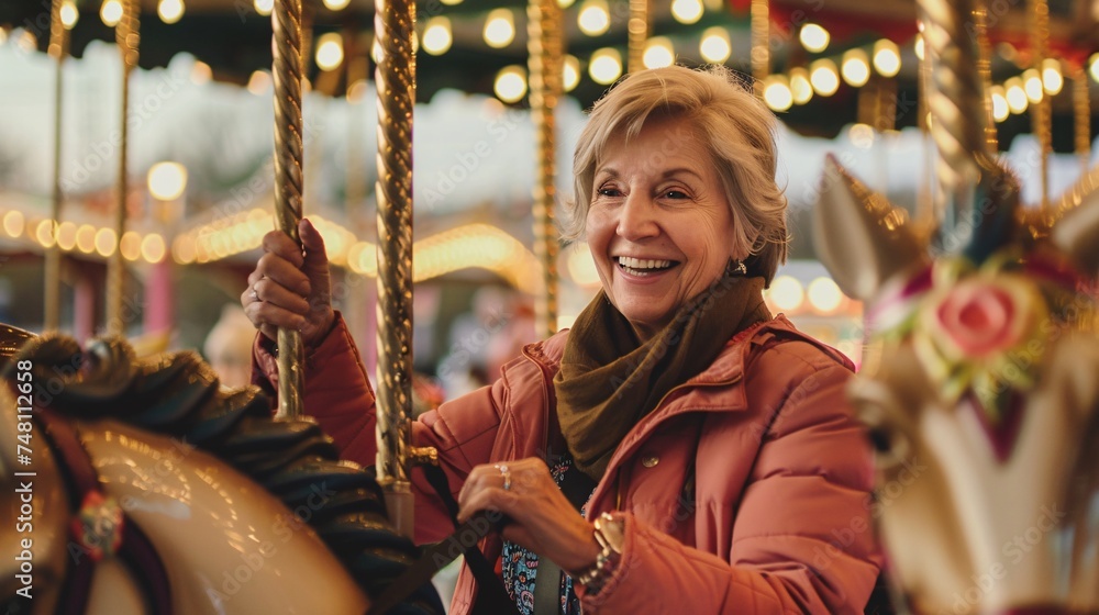 A senior woman smiling and enjoying a carousel ride on a beautifully decorated horse A senior woman smiling and enjoying a carousel ride on a beautifully decorated horse