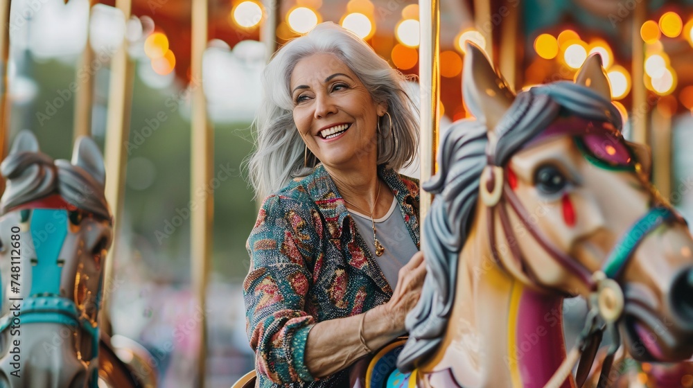 Senior woman smiling and enjoying a carousel ride on a beautifully decorated horse