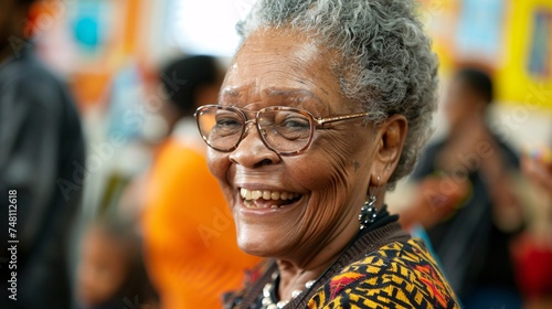 A senior woman smiling and volunteering at a youth center