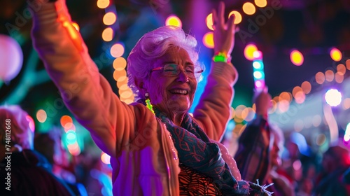 Senior woman smiling and holding a glow stick high in the air while dancing with friends at an outdoor concert photo