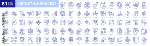 Growth and Success icon set. With concepts Learning, Aim, Reward, Achievement, Mission, Discovery, Winner and more icons. Dual color flat icon collection. Vector illustration