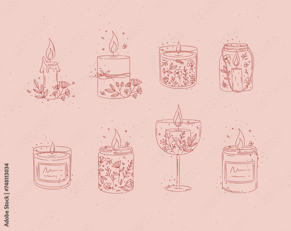 Candles with branches and leaves collection drawing on red background