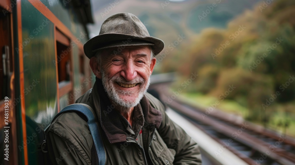 A senior man smiling as he prepares to embark on a train journey through picturesque countryside with a scenic mountain backdrop