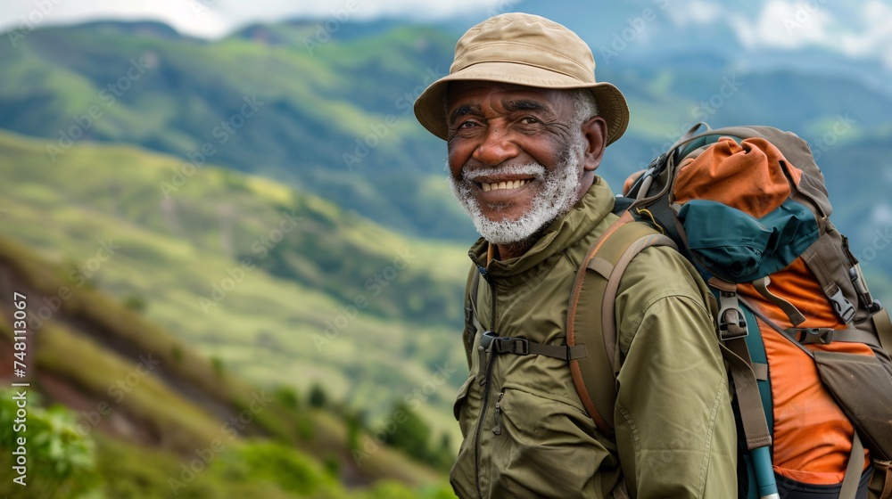 A senior black man smiling as he packs his hiking gear for an outdoor adventure vacation in the mountains with a lush green landscape background