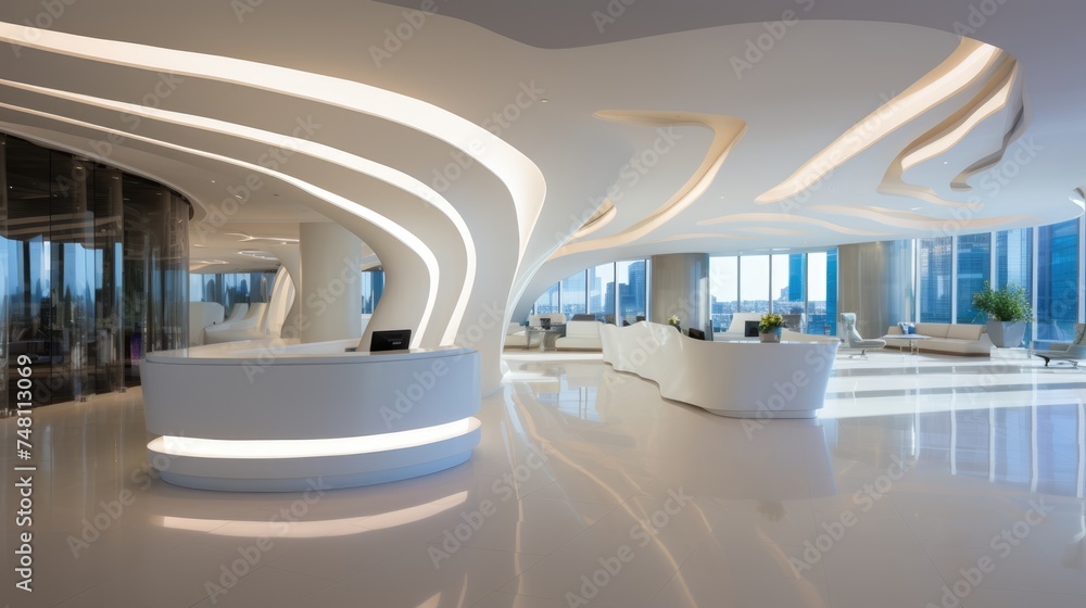 Obraz premium Sleek Modern Architecture: Captivating Office Building Design with Contemporary Reception Area, Reflecting Innovation and Professionalism.