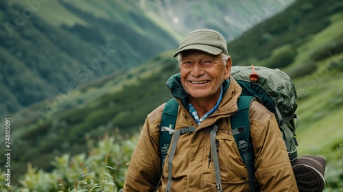 A senior man smiling as he packs his hiking gear for an outdoor adventure vacation in the mountains with a lush green landscape background 