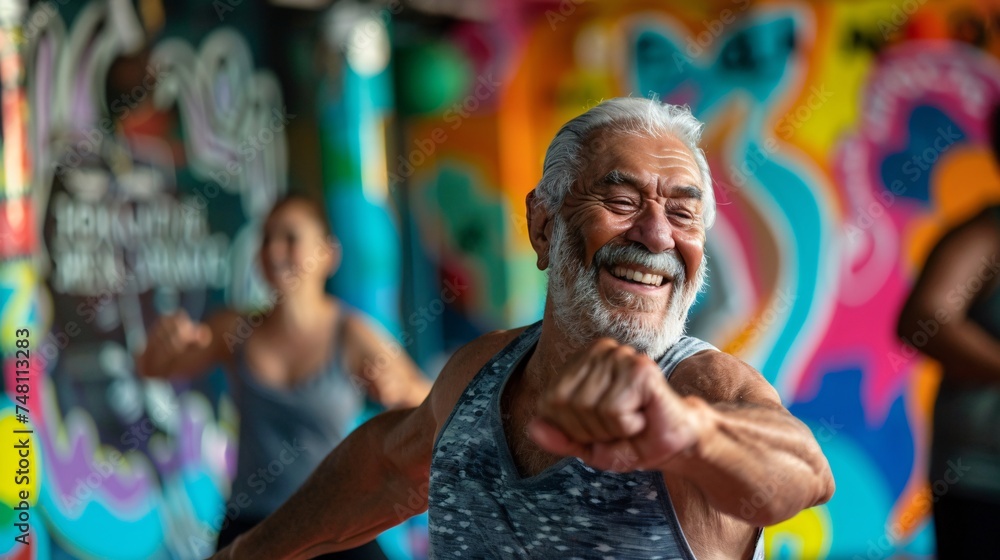 Elderly man smiling and following the instructor's moves with precision during a Zumba session