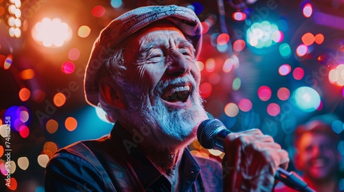 A senior man smiling and entertaining the crowd with his lively karaoke performance