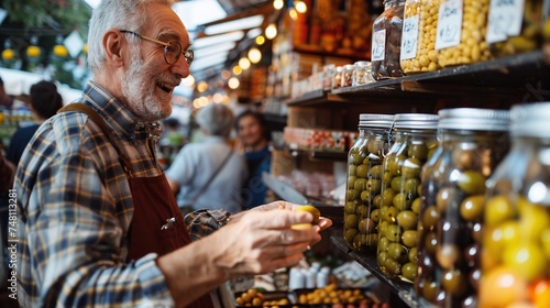 A senior man chatting with a vendor while selecting gourmet olives at a lively market