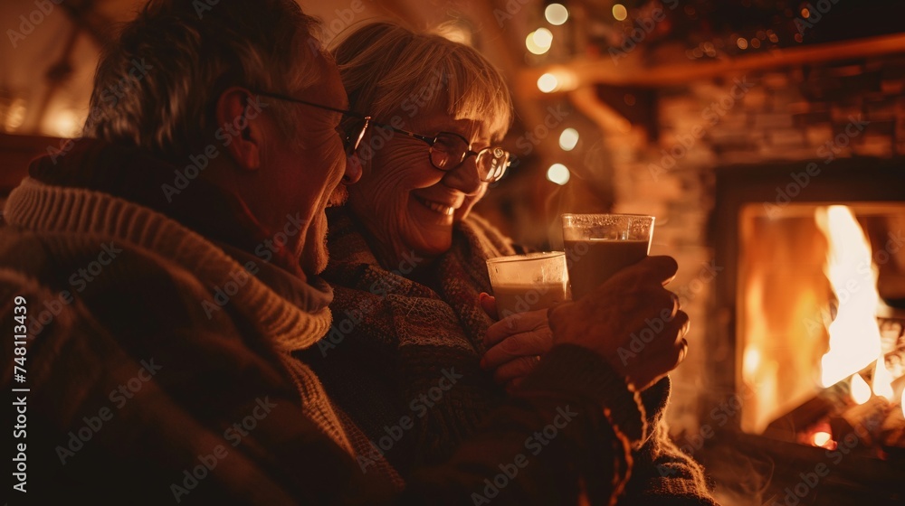 A senior couple shares a romantic moment while sitting by the fireplace and sipping eggnog