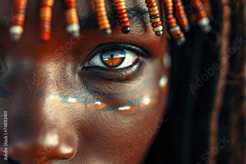 Tribal Grace: The Intriguing Beauty of an African Woman, Adorned with Tribal Markings, Dreadlocks, and Braids, Reflecting Cultural Heritage.