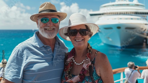 A retired couple smiling as they set off on a cruise ship adventure to explore exotic islands and tropical paradises with a turquoise ocean background