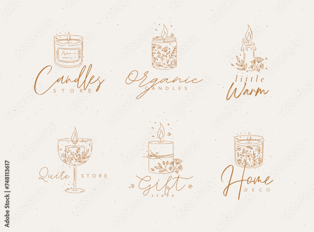 Candles with branches and leaves label collection drawing on beige background