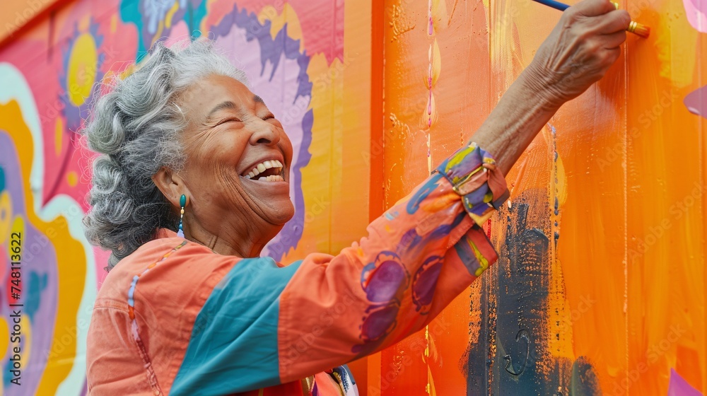 Happy elderly black woman laughs as she paints a wall orange - obrazy, fototapety, plakaty 