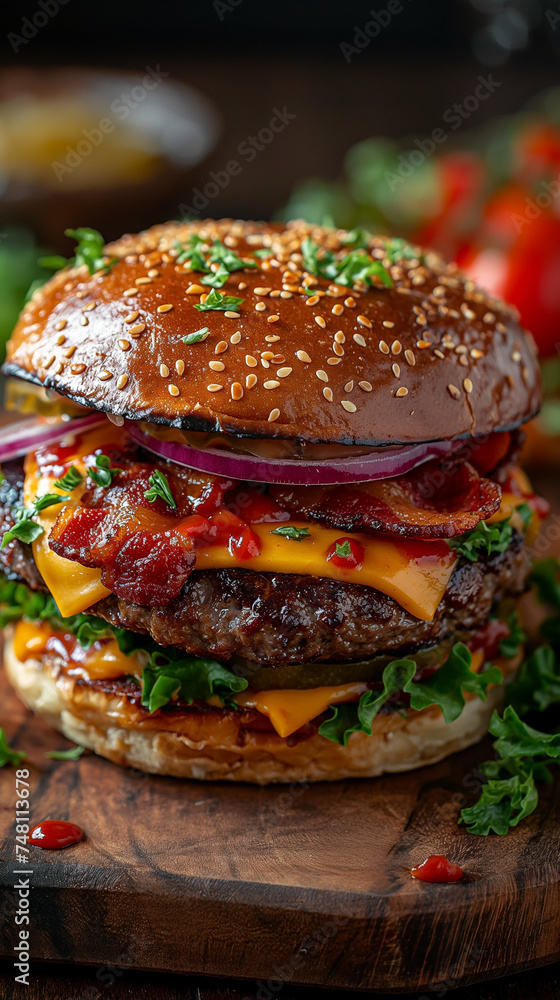 Delicious bacon burger with beef patty on rustic red wooden table, perfect food Delicious bacon burger with beef patty on rustic red wooden table, perfect food