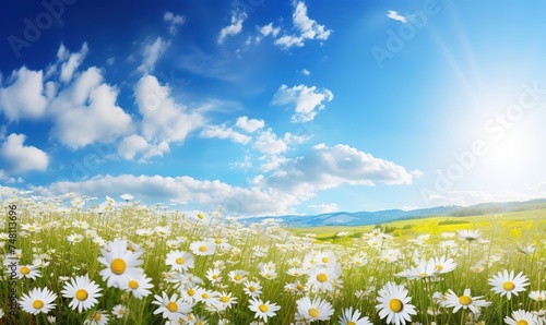Beautiful, sun-drenched spring summer meadow. Natural colorful panoramic landscape with many wild flowers of daisies against bright orange sun in sunset sky. 