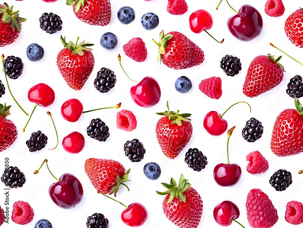 Flat pattern of fresh and colorful berries and fruits, cherries, blackberries, blueberries, raspberries and strawberries. Ideal as a background or design. Created with AI. Flat pattern of fresh and colorful berries and fruits, cherries, blackberries, blueberries, raspberries and strawberries. Ideal as a background or design. Created with AI.