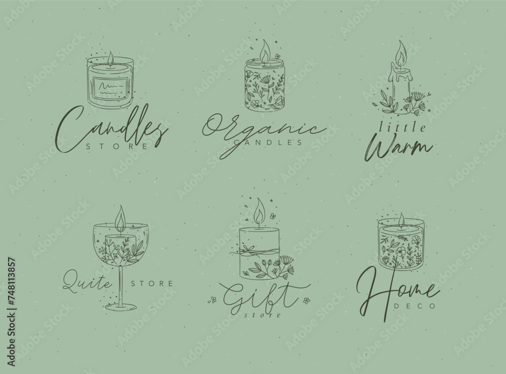 Candles with branches and leaves label collection drawing on green background