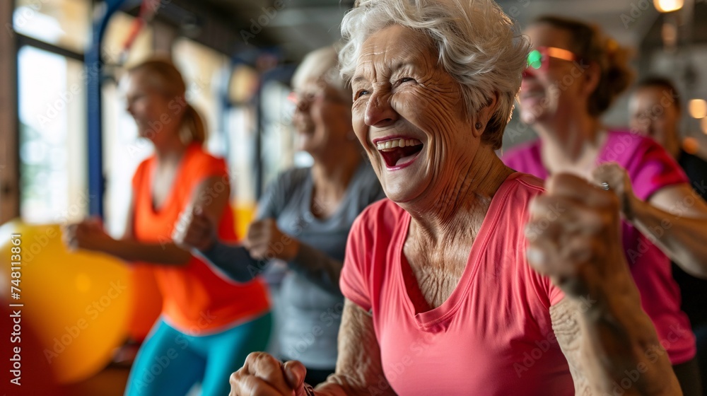 Senior friends smiling and laughing together as they dance and sweat it out in a lively Zumba class at the local gym