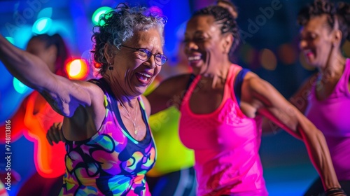Group of senior women smiling and dancing energetically in a vibrant Zumba class with colorful disco lights